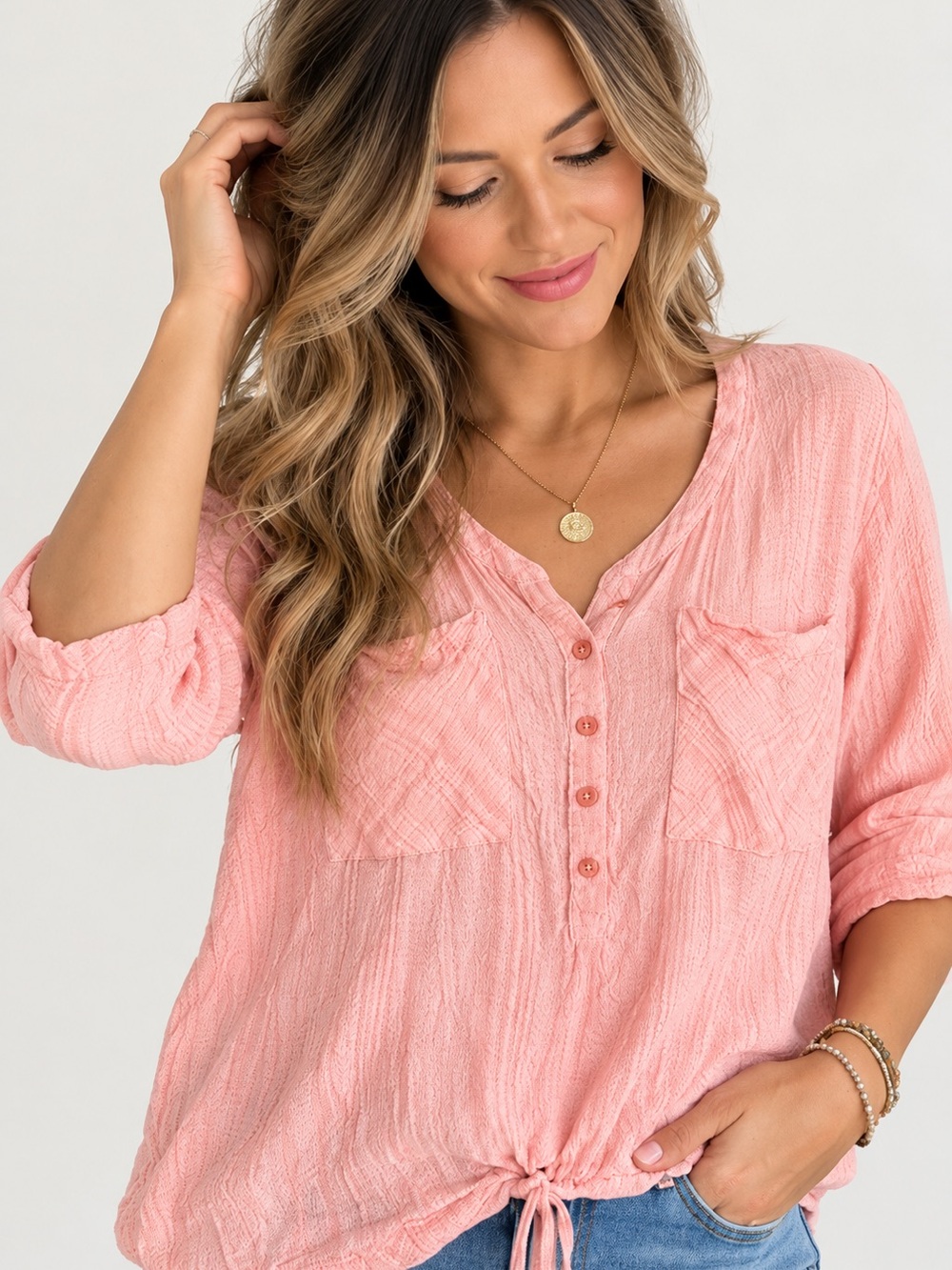 Armani Exchange Light Pink Button-Front V-Neck Pocket Shirt